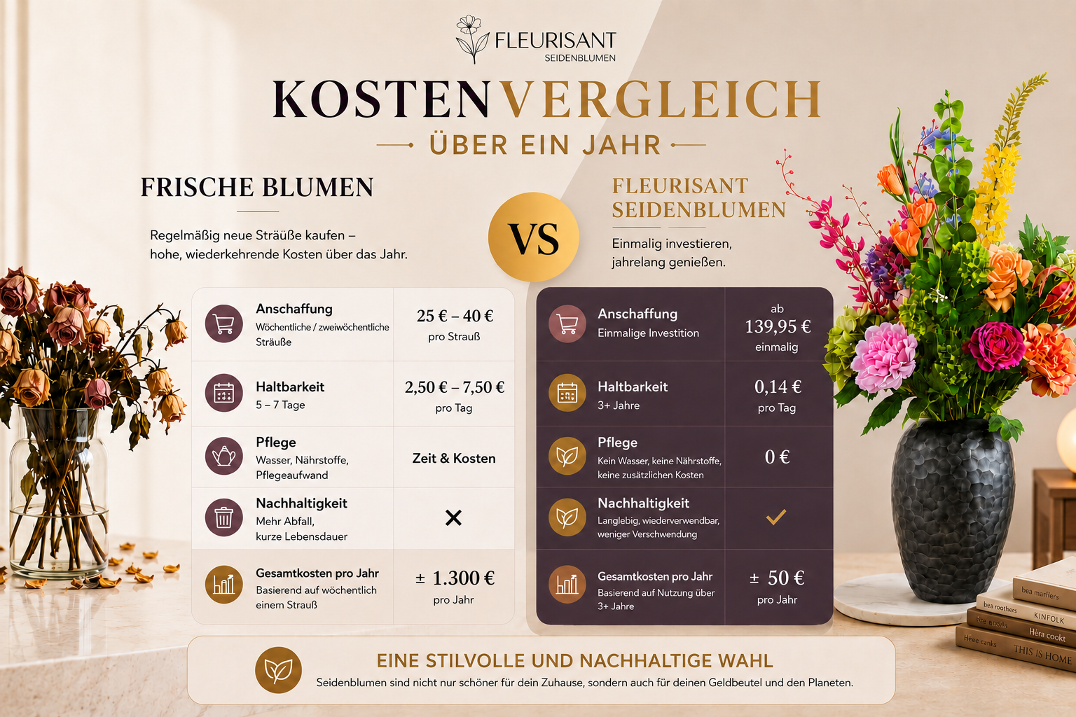 Kostenvergleich frische blumen vs fleurisant seidenblumen