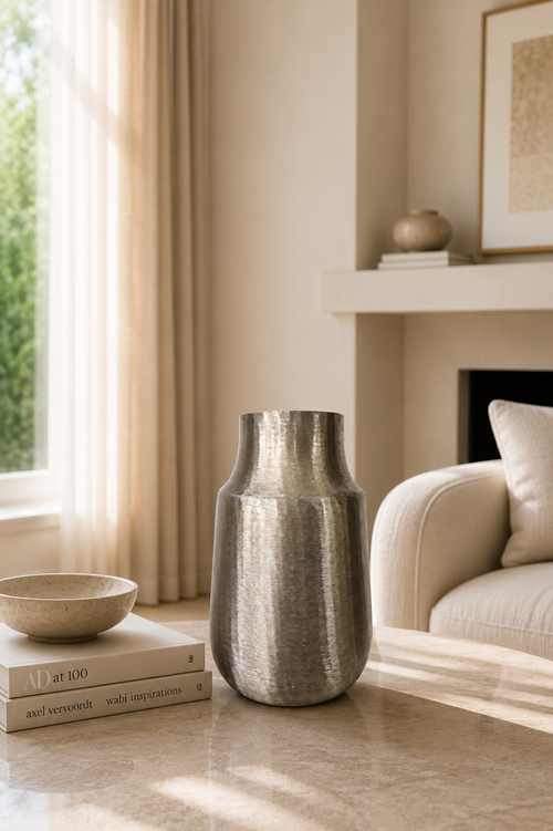 Metallvase Milo in Champagnergold mit strukturierter Oberfläche als elegante Designvase