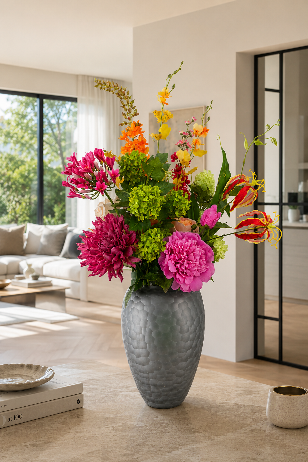 Real Touch Seidenblumenstrauß Milou von Fleurisant in luxuriöses Wohnzimmer