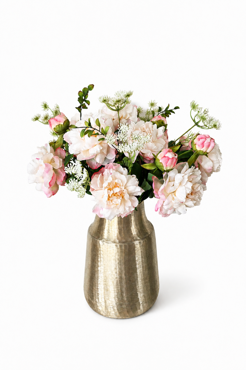 Seidenblumenstrauß Lena mit Pfingstrosen in Creme und Rosé in goldener Vase