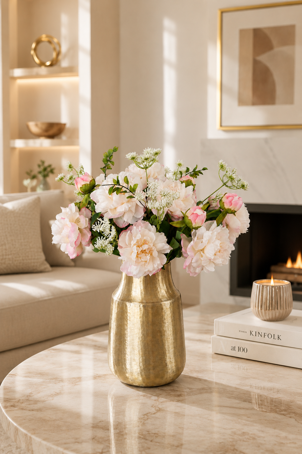 Seidenblumenstrauß Lena mit Pfingstrosen in Creme und Rosé in goldener Vase