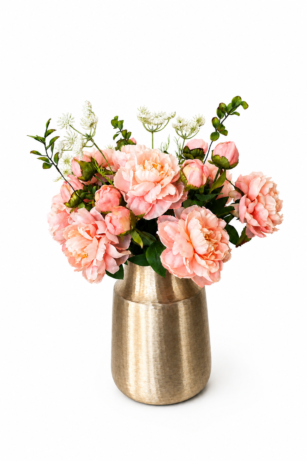 Seidenblumenstrauß Nora mit Pfingstrosen in Apricot und Champagner in goldener Vase