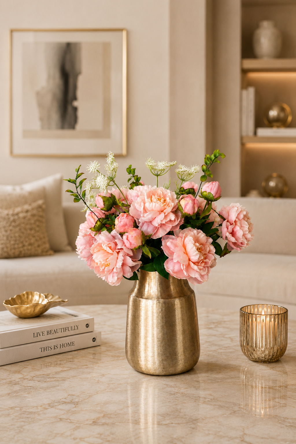 Seidenblumenstrauß Nora mit Pfingstrosen in Apricot und Champagner in goldener Vase