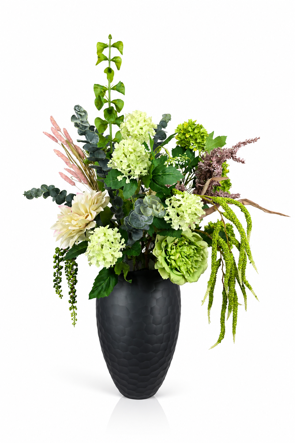 Eleganter Seidenblumenstrauß Ivy mit grünen, cremefarbenen und natürlichen Kunstblumen in luxuriöser Vase