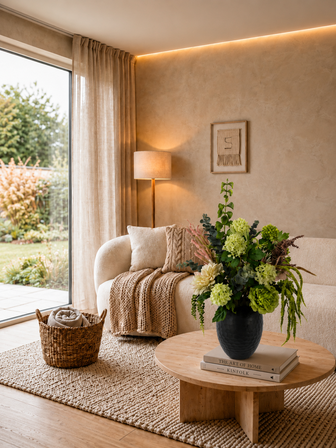 Eleganter Seidenblumenstrauß Ivy mit grünen, cremefarbenen und natürlichen Kunstblumen in luxuriöser Vase