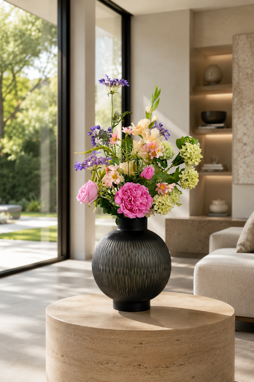 Eleganter Seidenblumenstrauß Clara mit rosa und lilafarbenen Kunstblumen in schwarzer Designvase