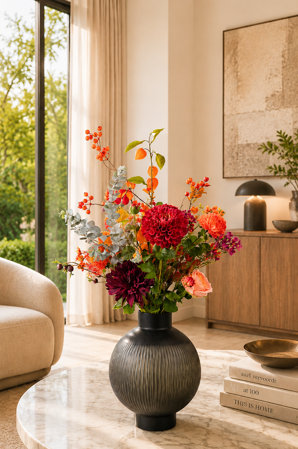 Kraftvoller Seidenblumenstrauß Julia mit roten und orangefarbenen Kunstblumen in dunkler Vase