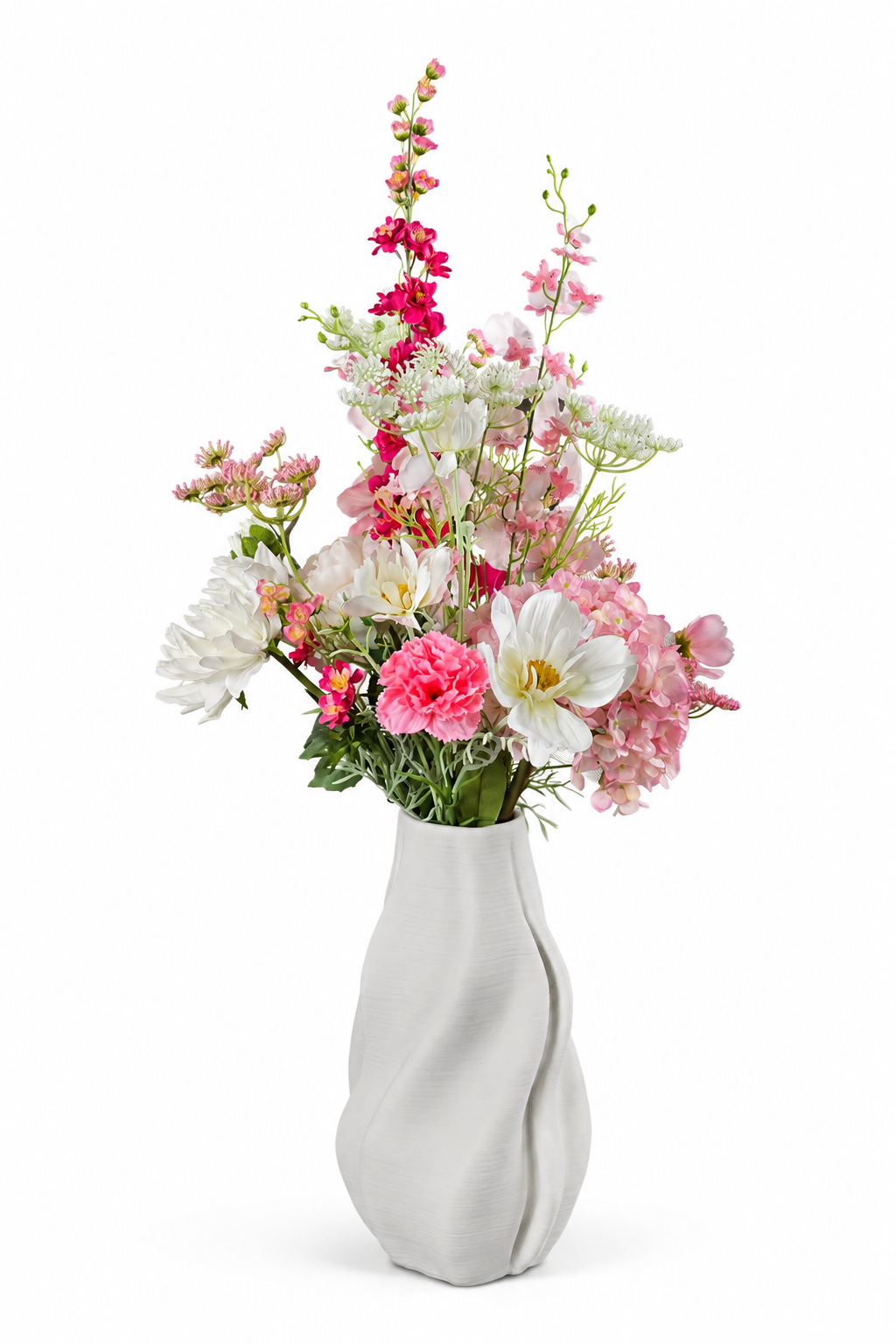 Eleganter Seidenblumenstrauß Mia mit rosa, weißen und pinken Kunstblumen in weißer Vase