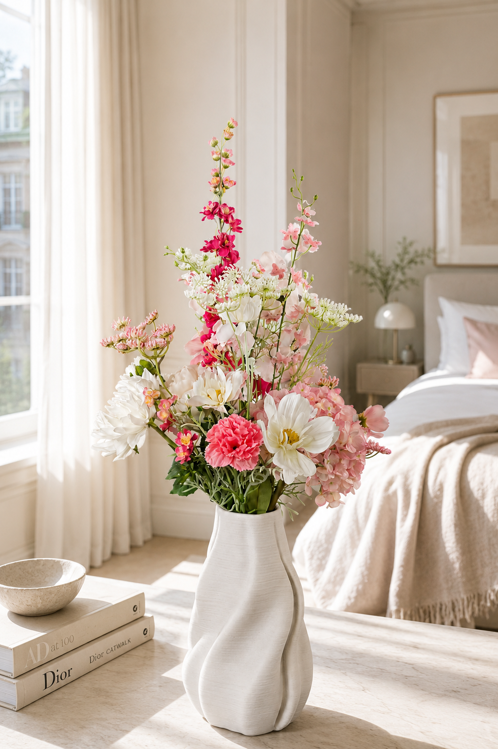 Eleganter Seidenblumenstrauß Mia mit rosa, weißen und pinken Kunstblumen in weißer Vase