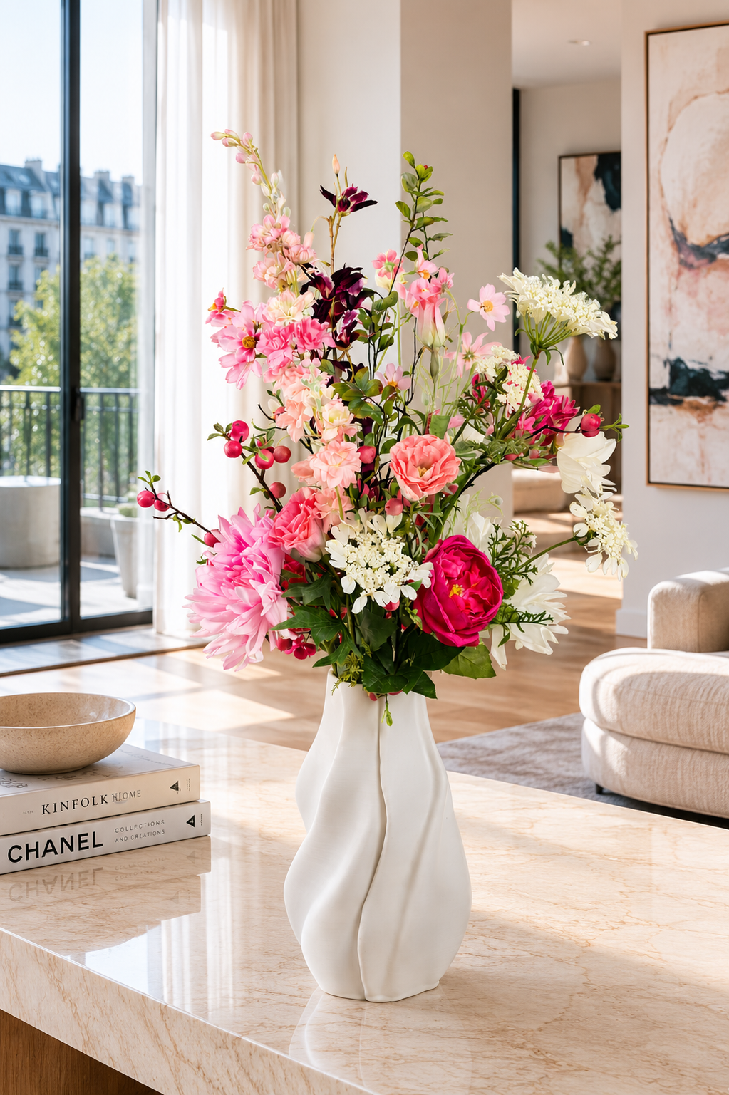 Eleganter Seidenblumenstrauß Nea mit rosa, weißen und pinken Kunstblumen in weißer Vase
