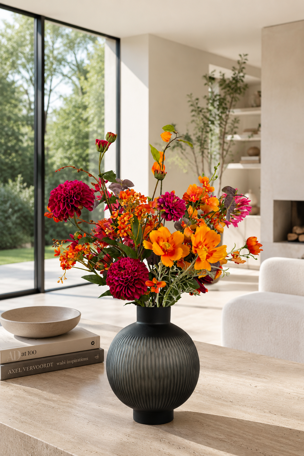 Ausdrucksstarker Seidenblumenstrauß Sophia mit roten, rosa und orangefarbenen Kunstblumen in dunkler Vase