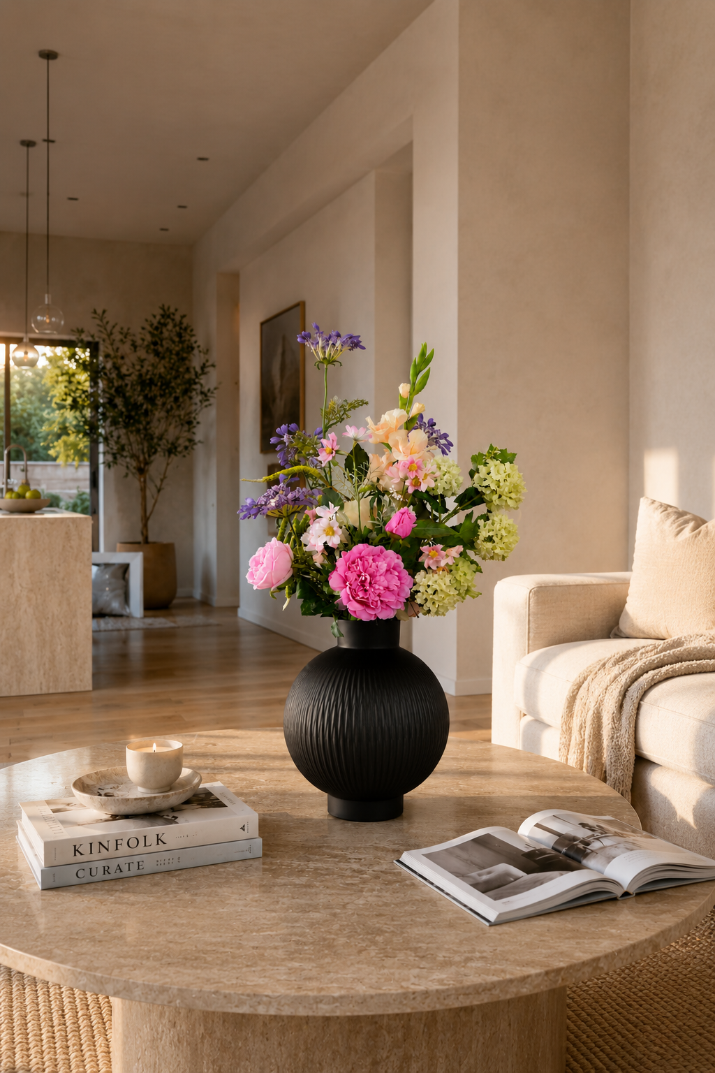 Eleganter Seidenblumenstrauß Clara mit rosa und lilafarbenen Kunstblumen in schwarzer Designvase