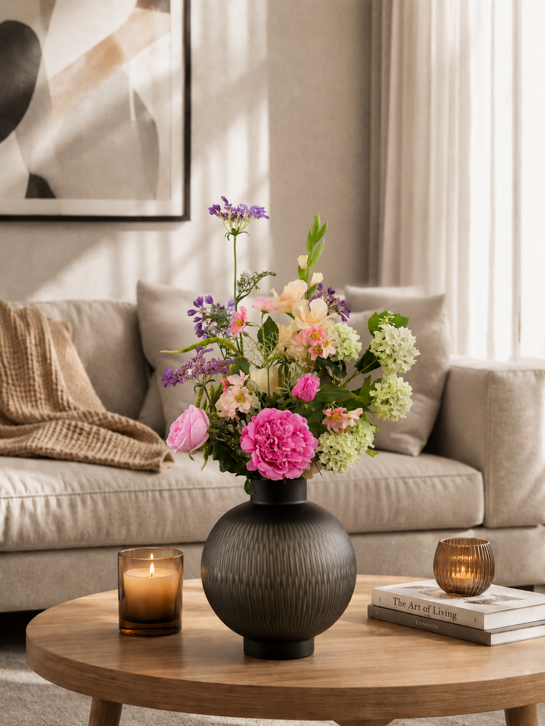 Eleganter Seidenblumenstrauß Clara mit rosa und lilafarbenen Kunstblumen in schwarzer Designvase