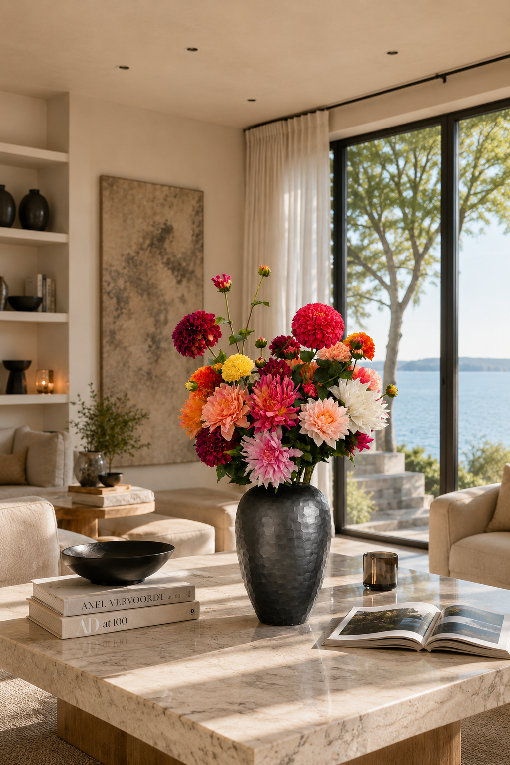 Opulenter Seidendahlienstrauß Dahlia Explosion mit farbenfrohen künstlichen Dahlien in der Vase Levi von Fleurisant