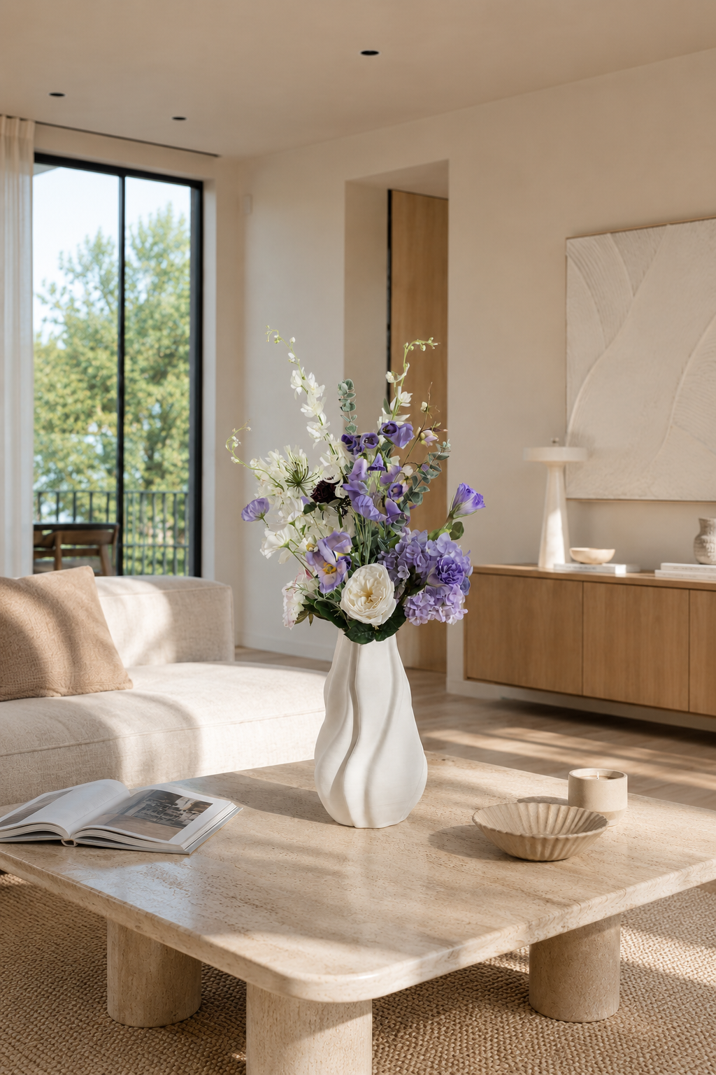 Eleganter Seidenblumenstrauß Ella mit lila und weißen Kunstblumen in weißer Vase