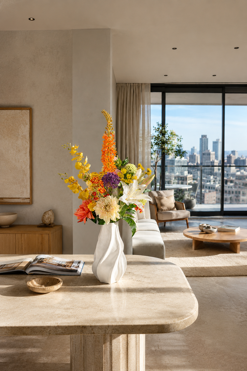 Eleganter Seidenblumenstrauß Emma mit orangefarbenen und gelben Kunstblumen in weißer Vase