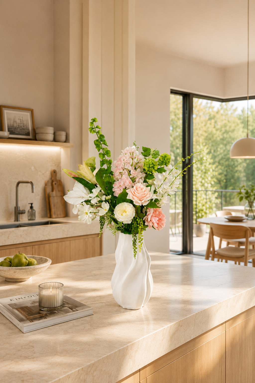 Eleganter Seidenblumenstrauß Hannah mit weißen, rosa und grünen Kunstblumen in weißer Vase Finn