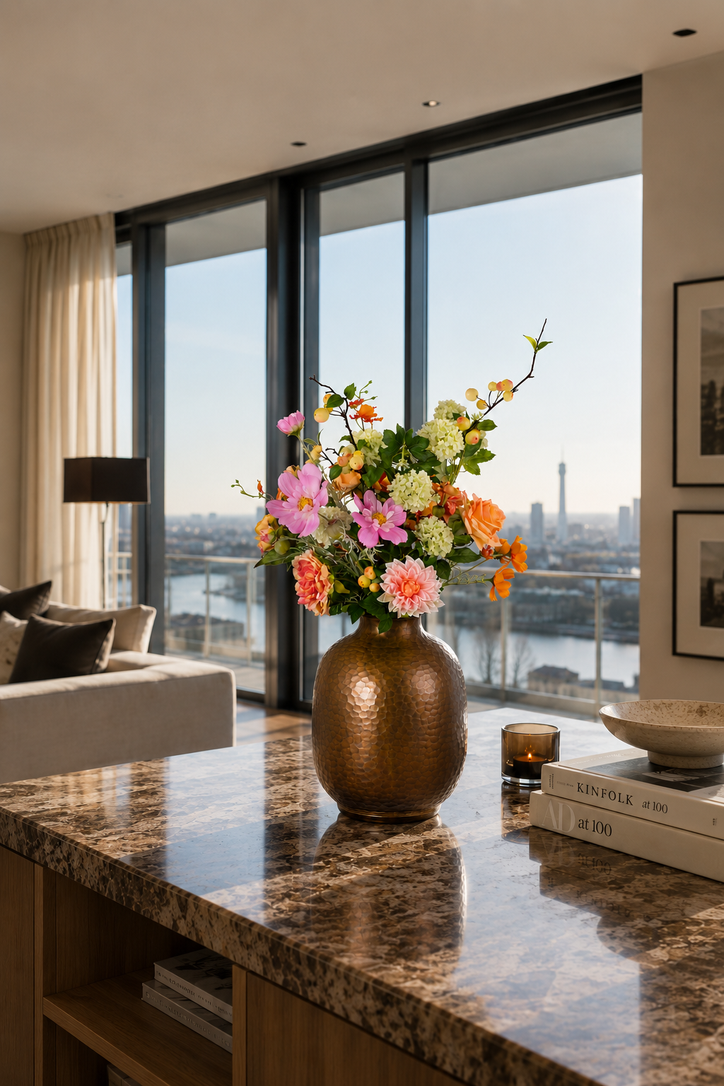 Verspielter Seidenblumenstrauß Lin mit rosa, orangefarbenen und grünen Kunstblumen in brauner Vase