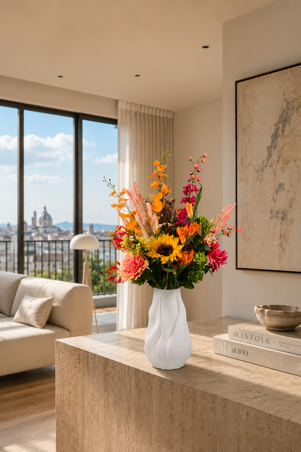 Bunter Seidenblumenstrauß Lina mit gelben, orangenen und pinken Kunstblumen in weißer Vase Finn