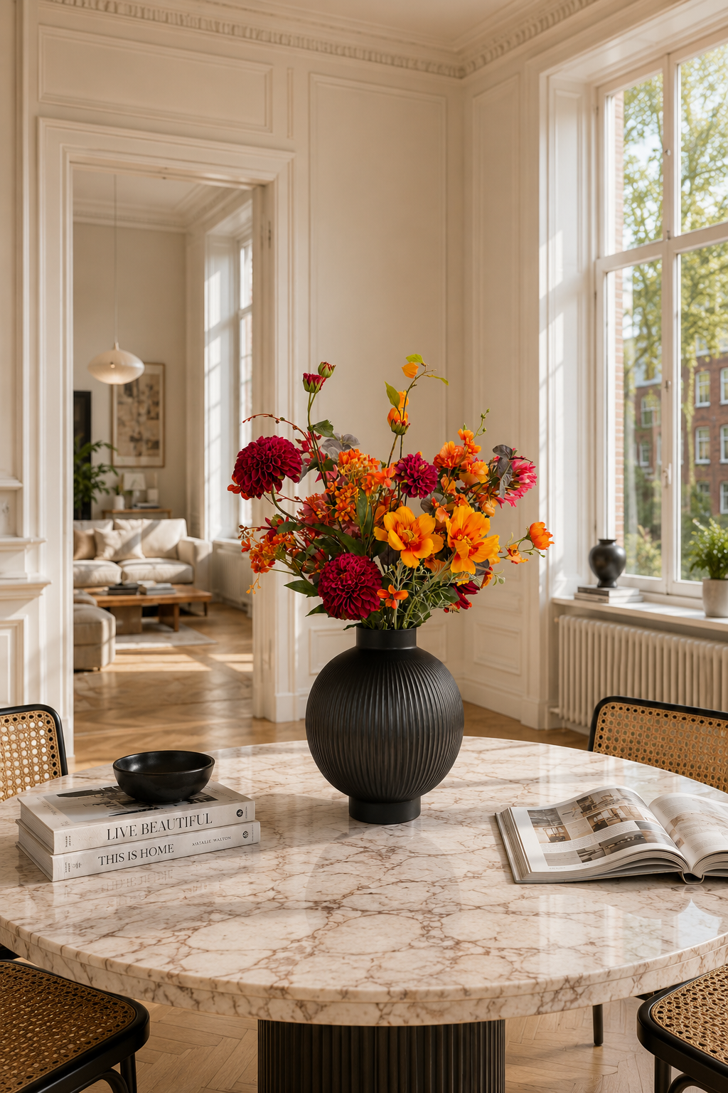 Ausdrucksstarker Seidenblumenstrauß Sophia mit roten, rosa und orangefarbenen Kunstblumen in dunkler Vase