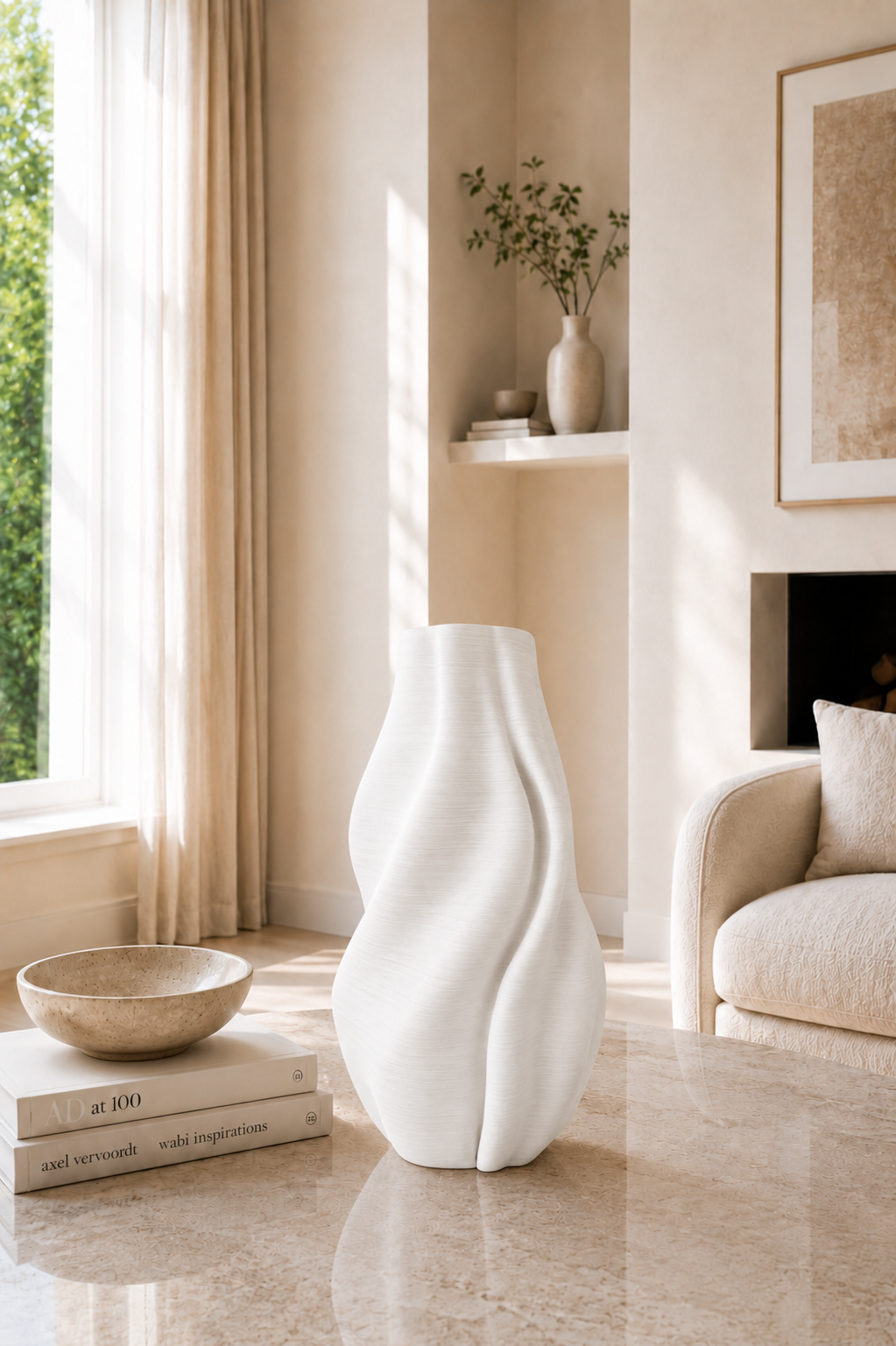 Weiße Keramikvase Finn mit skulpturalem modernem Design für stilvolle Wohnraumdekoration