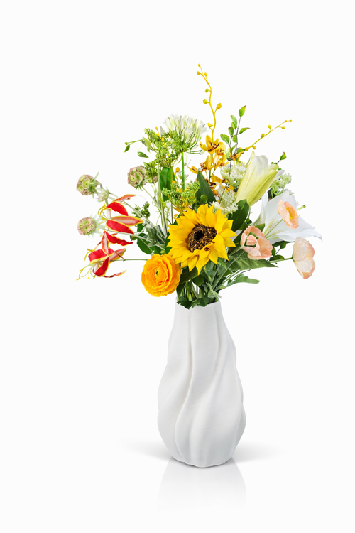 Frischer Seidenblumenstrauß Anna mit Sonnenblume und farbenfrohen Kunstblumen in weißer Vase