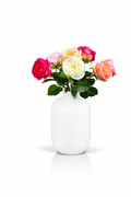 Eleganter Seidenblumenstrauß Damas mit Damaszener-Rosen in dekorativer weißer Vase