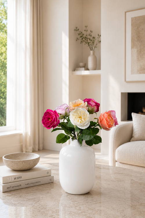 Eleganter Seidenblumenstrauß Damas mit Damaszener-Rosen in dekorativer weißer Vase