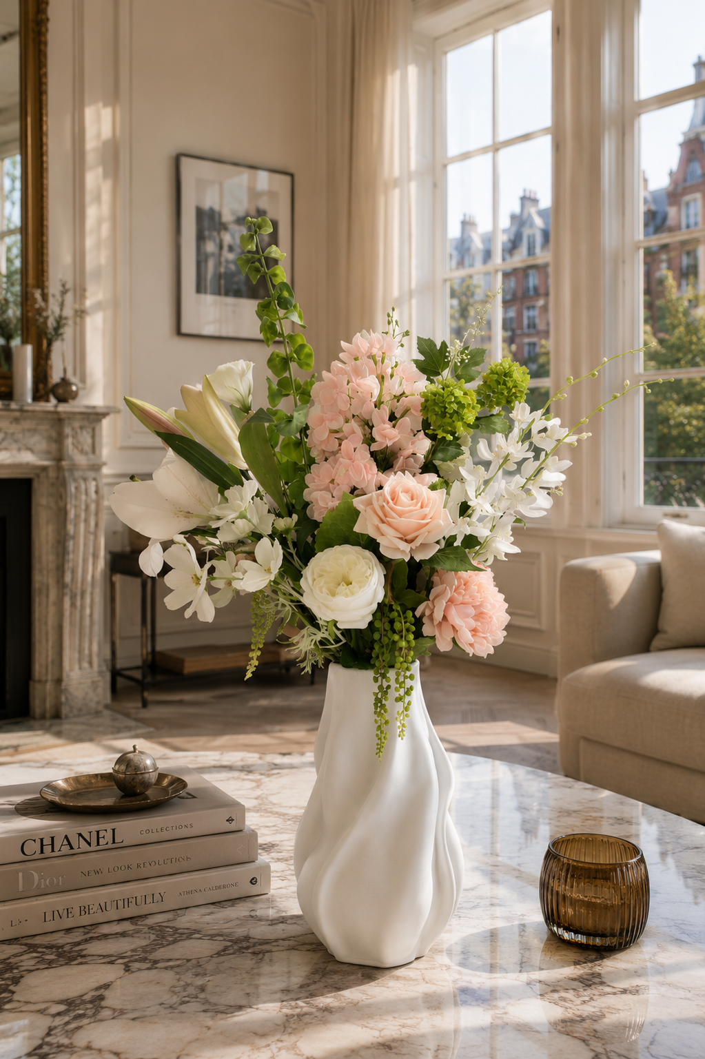 Eleganter Seidenblumenstrauß Hannah mit weißen, rosa und grünen Kunstblumen in weißer Vase