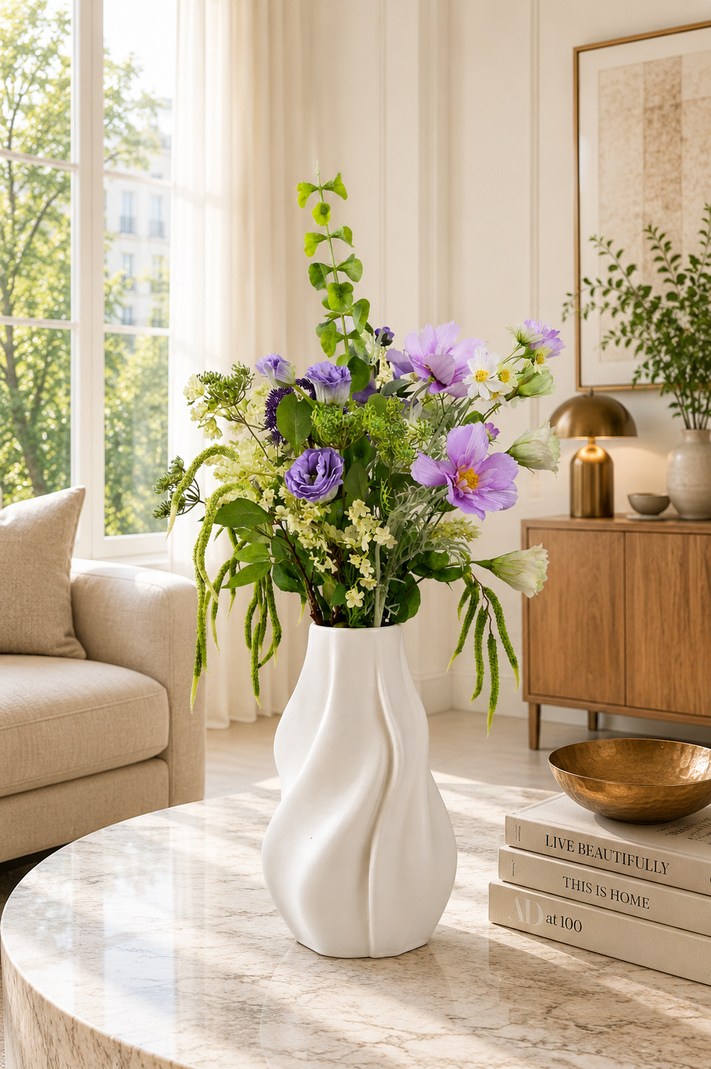 Eleganter Seidenblumenstrauß Maira mit lilafarbenen Kunstblumen und grünem Blattwerk in weißer Vase