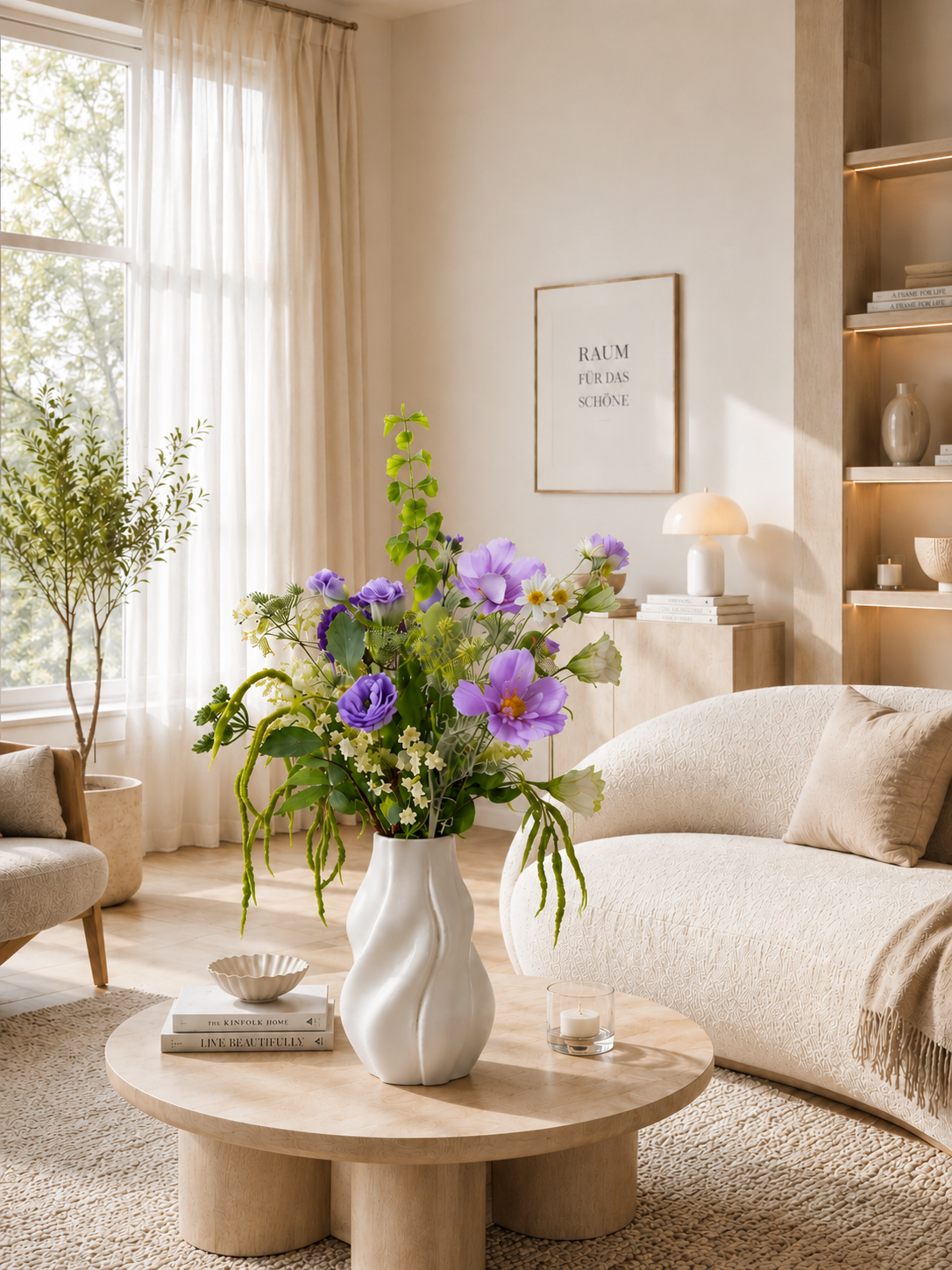 Eleganter Seidenblumenstrauß Maira mit lilafarbenen Kunstblumen und grünem Blattwerk in weißer Vase