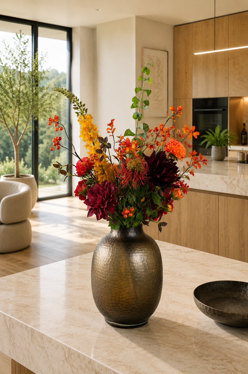 Ausdrucksstarker Seidenblumenstrauß Marie mit roten und orangefarbenen Kunstblumen in goldbrauner Vase
