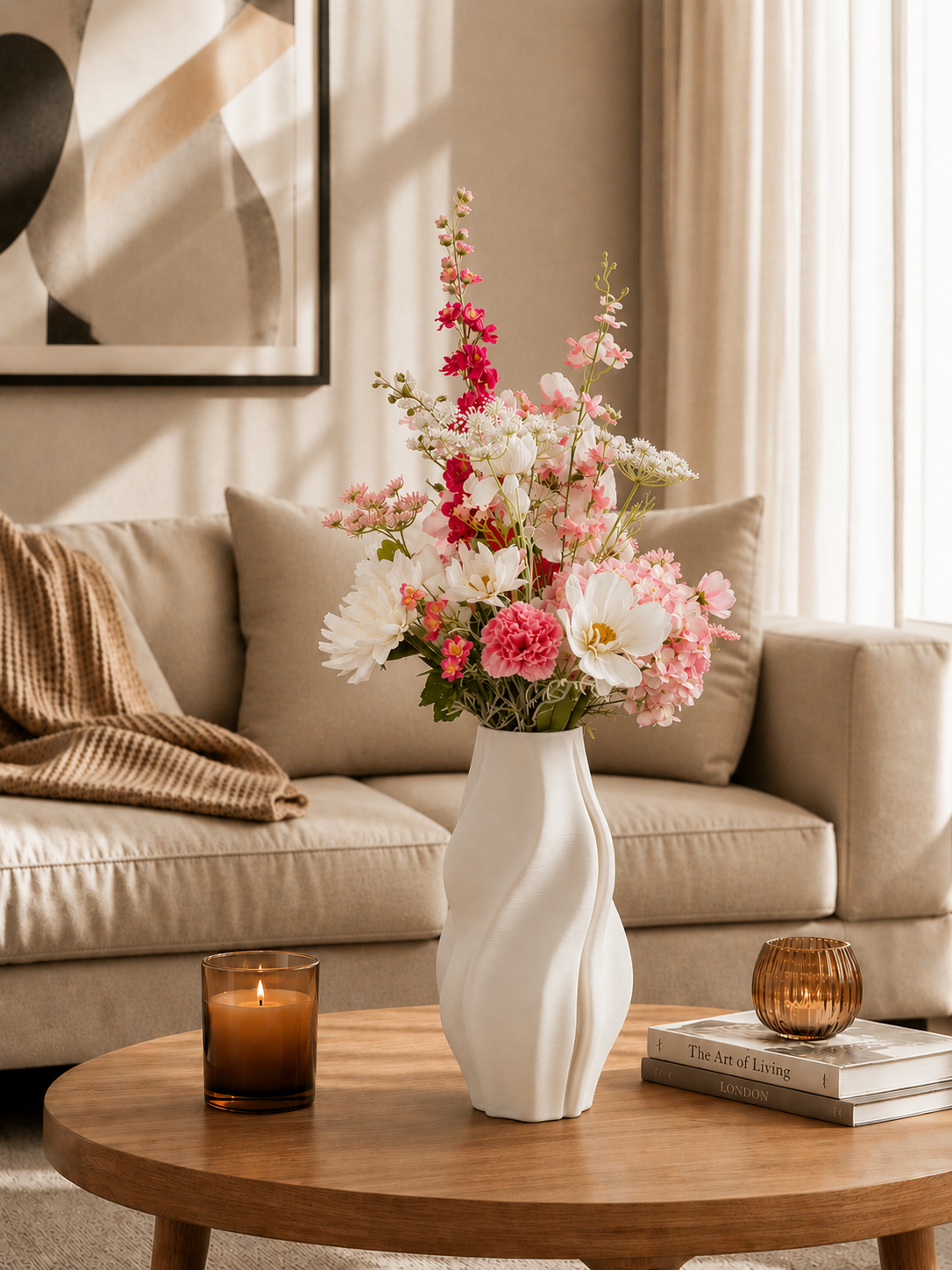 Eleganter Seidenblumenstrauß Mia mit rosa, weißen und pinken Kunstblumen in weißer Vase