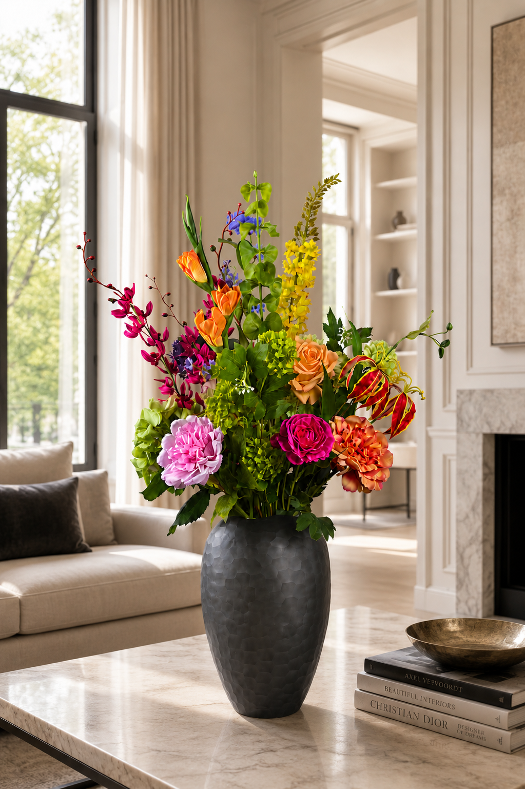 arbenfroher Seidenblumenstrauß Milou mit rosa, orangefarbenen und violetten Kunstblumen in der Vase luca von fleursiant