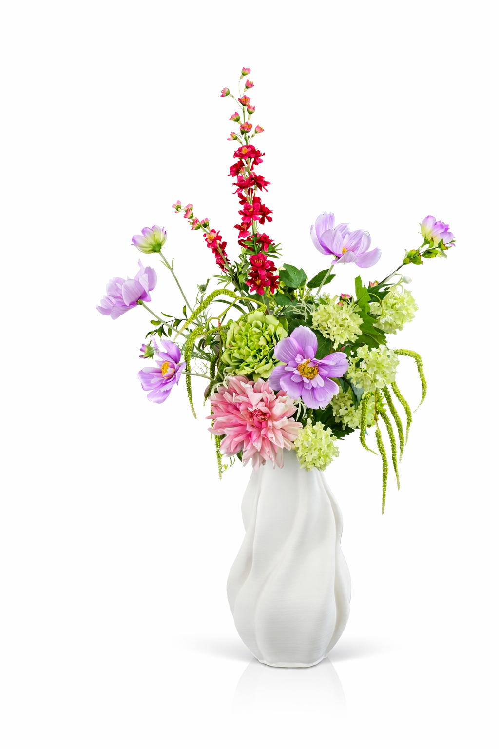 Frischer Seidenblumenstrauß Noor mit rosa und lilafarbenen Kunstblumen in weißer Vase