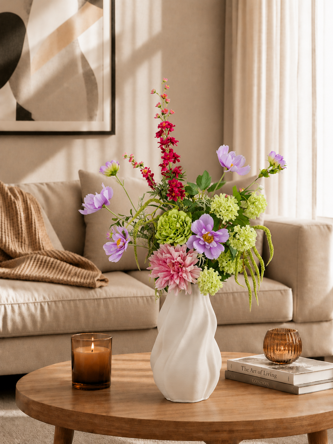 Frischer Seidenblumenstrauß Noor mit rosa und lilafarbenen Kunstblumen in weißer Vase