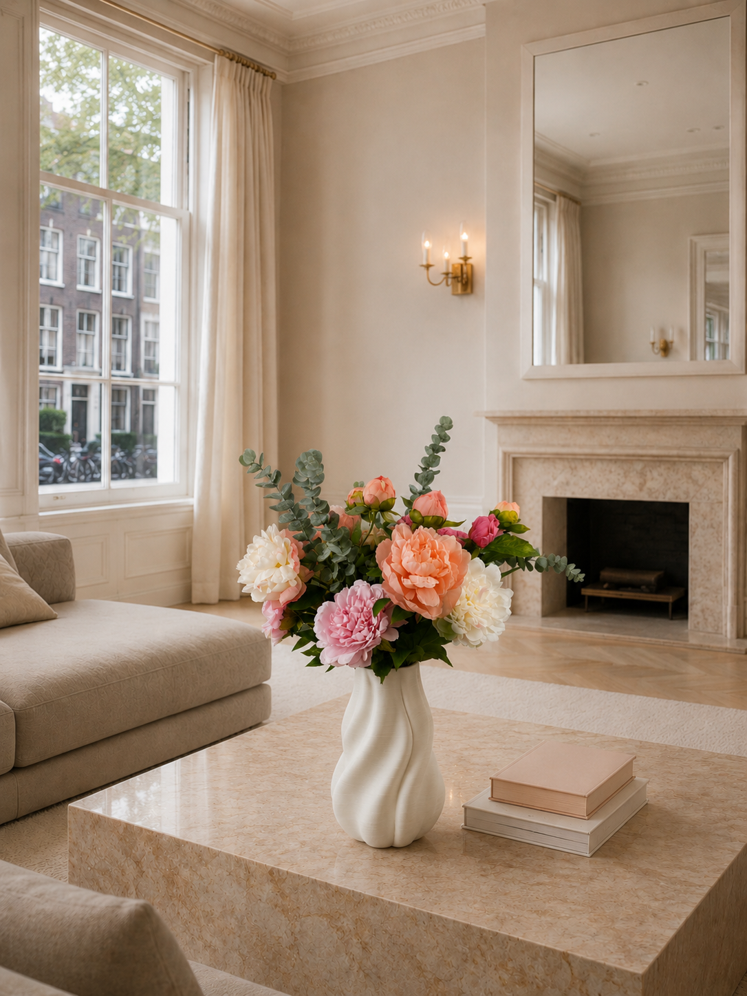 Eleganter Seidenblumenstrauß Peony mit üppigen Pfingstrosen in weißer Vase