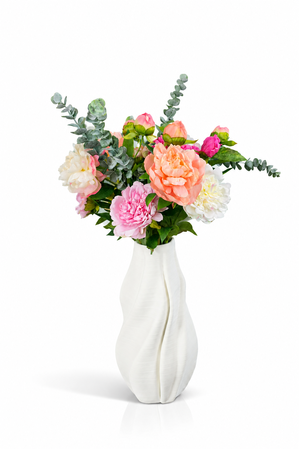 Eleganter Seidenblumenstrauß Peony mit üppigen Pfingstrosen in weißer Vase