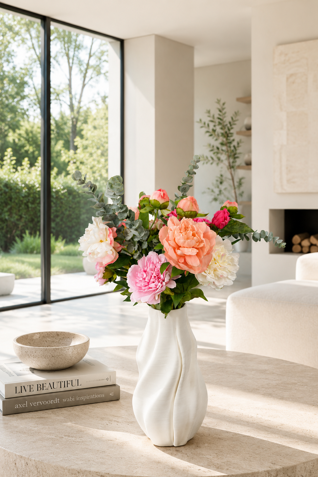 Eleganter Seidenblumenstrauß Peony mit üppigen Pfingstrosen in weißer Vase